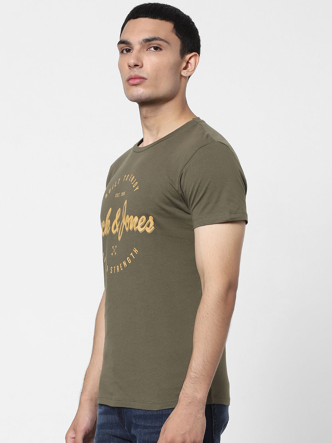 Olive Green Logo Print Crew Neck T-shirt