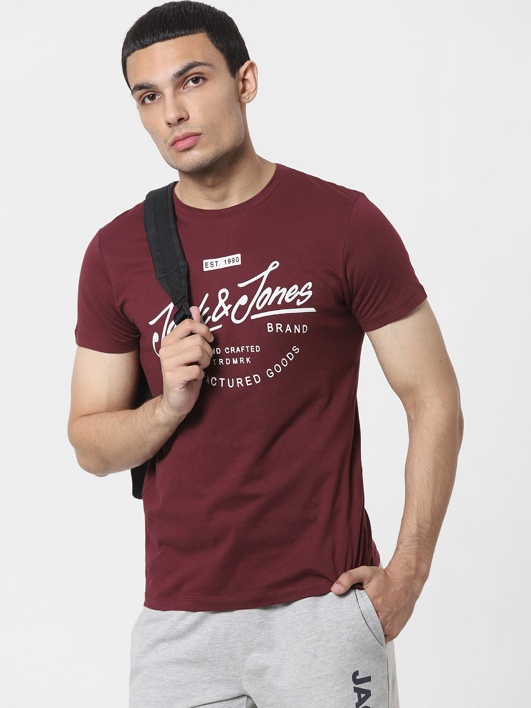 Maroon Logo Print Crew Neck T-shirt - S