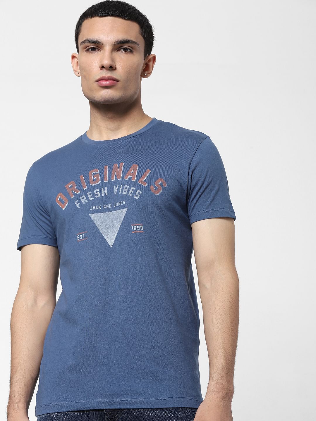 Blue Text Print Crew Neck T-shirt - S