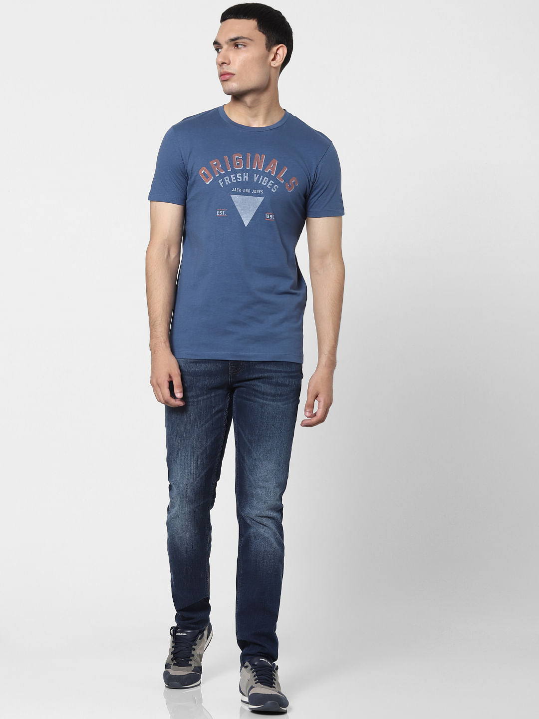 Blue Text Print Crew Neck T-shirt