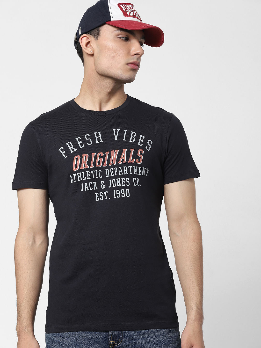 Black Text Print Crew Neck T-shirt - S