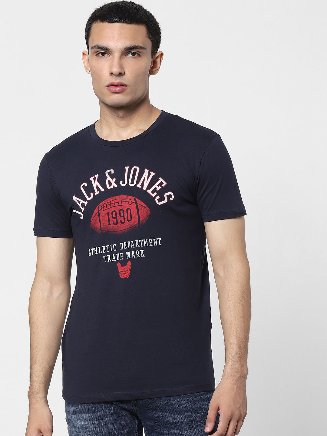 Dark Blue Logo Print Crew Neck T-shirt
