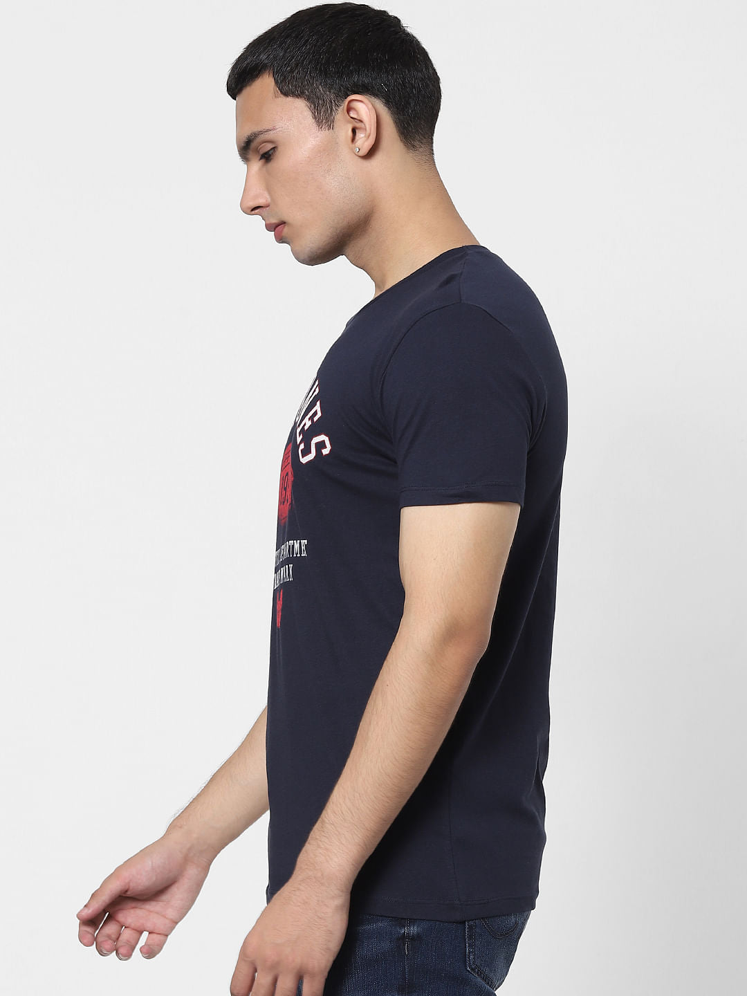 Dark Blue Logo Print Crew Neck T-shirt
