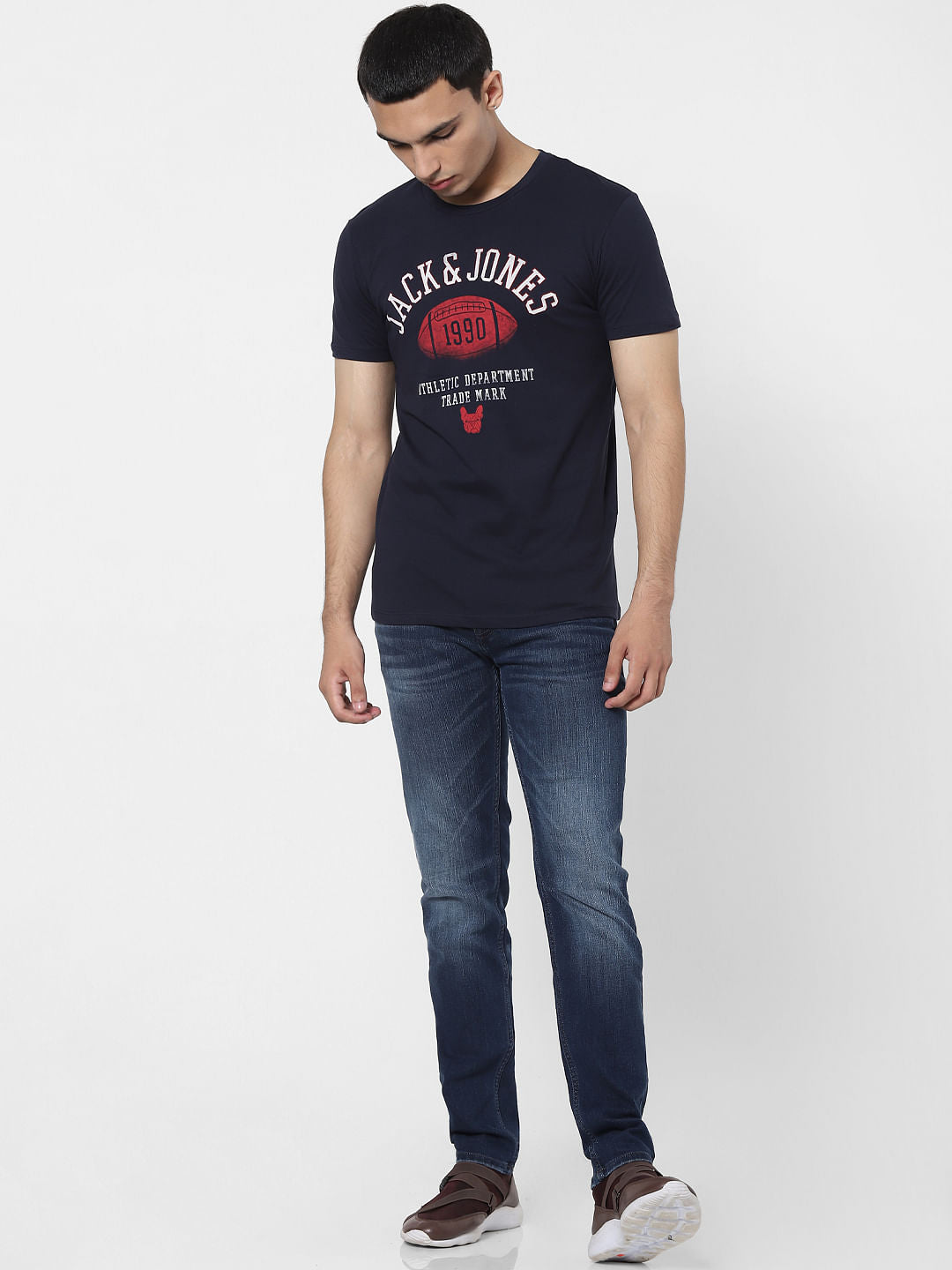 Dark Blue Logo Print Crew Neck T-shirt
