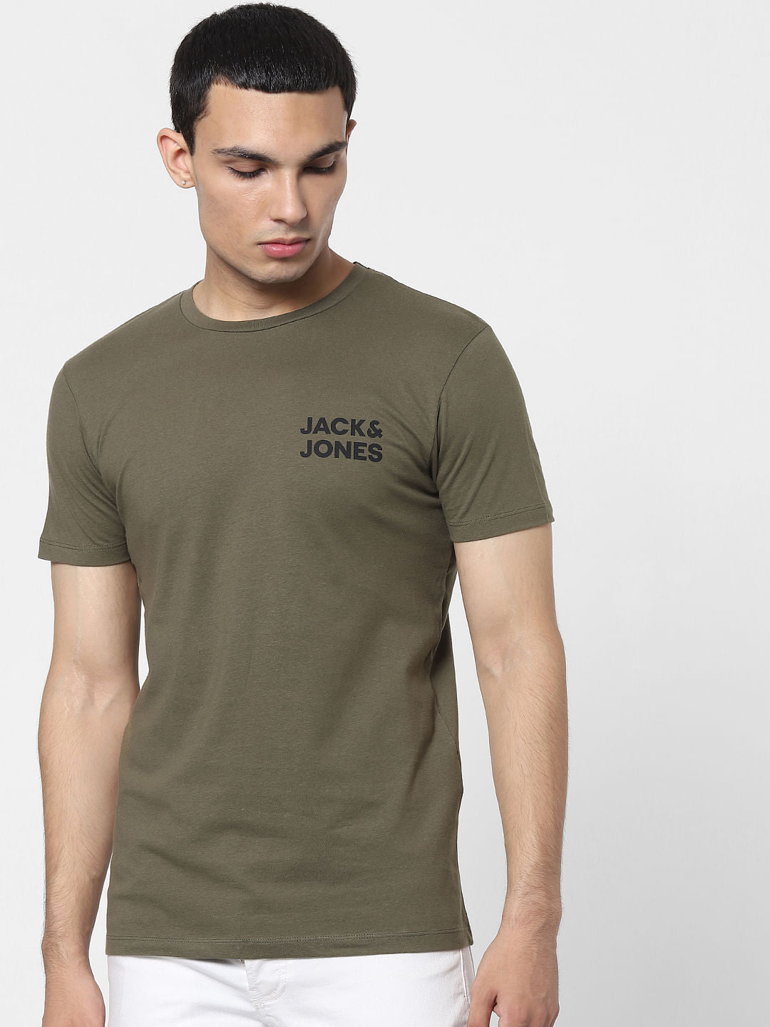 Olive Green Logo Print Crew Neck T-shirt