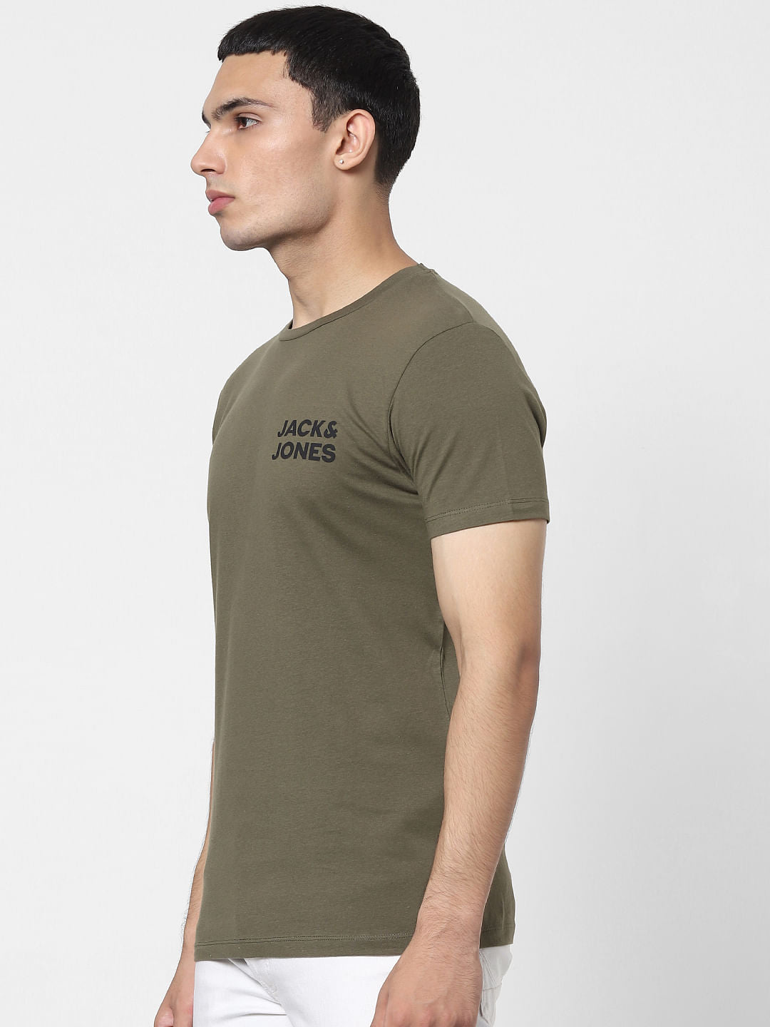Olive Green Logo Print Crew Neck T-shirt