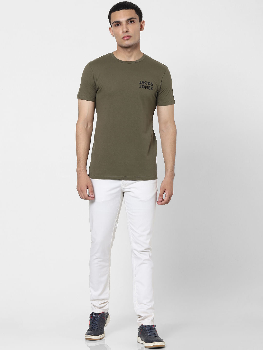Olive Green Logo Print Crew Neck T-shirt