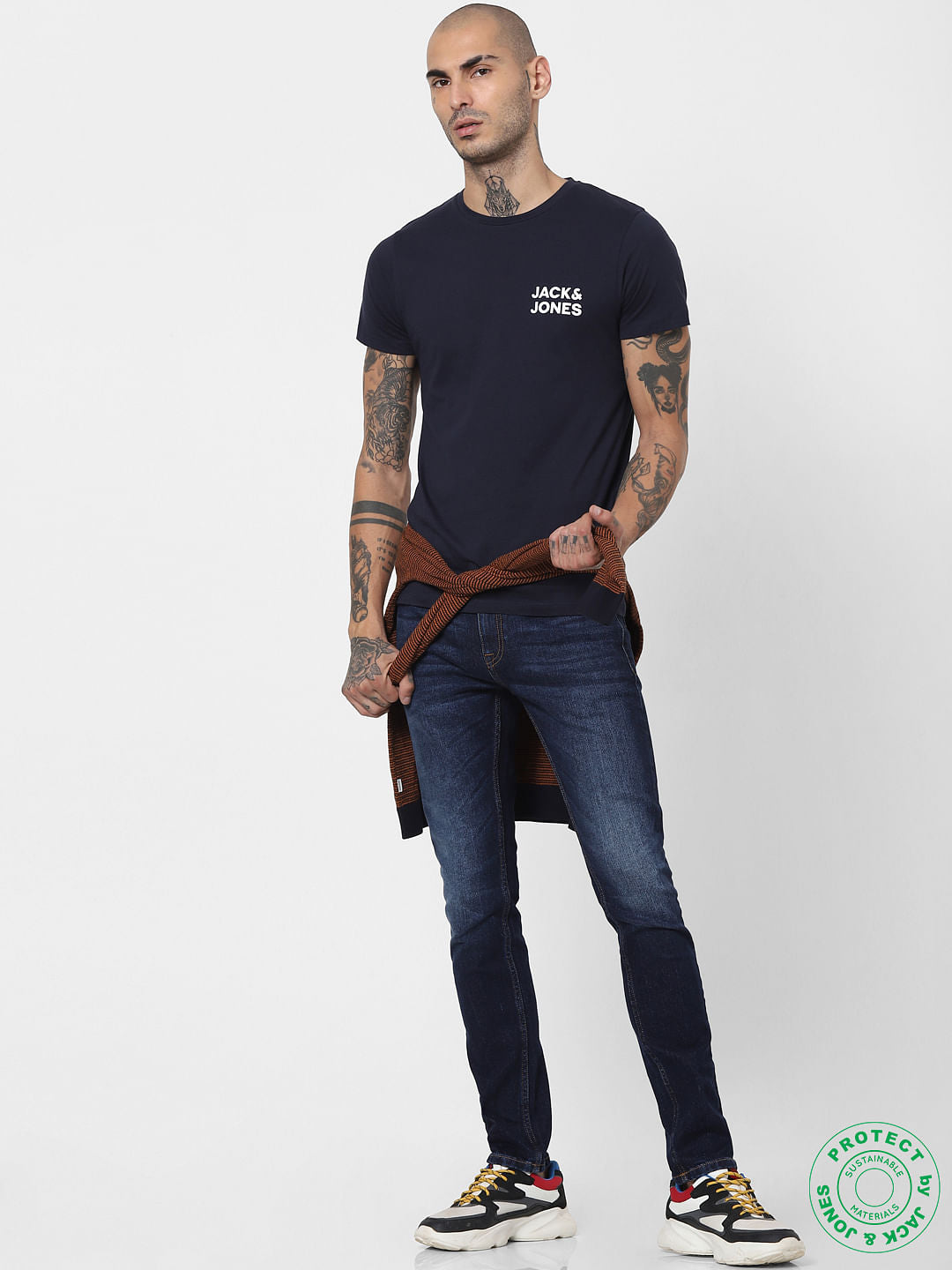 Navy Blue Logo Print Crew Neck T-shirt - S