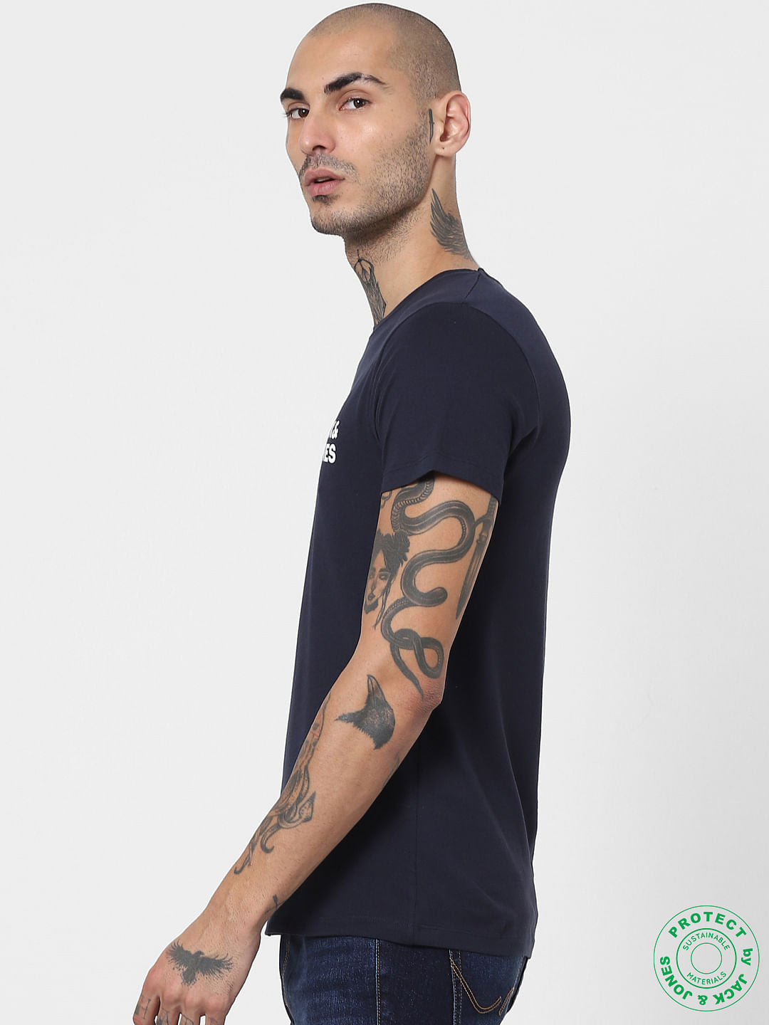 Navy Blue Logo Print Crew Neck T-shirt
