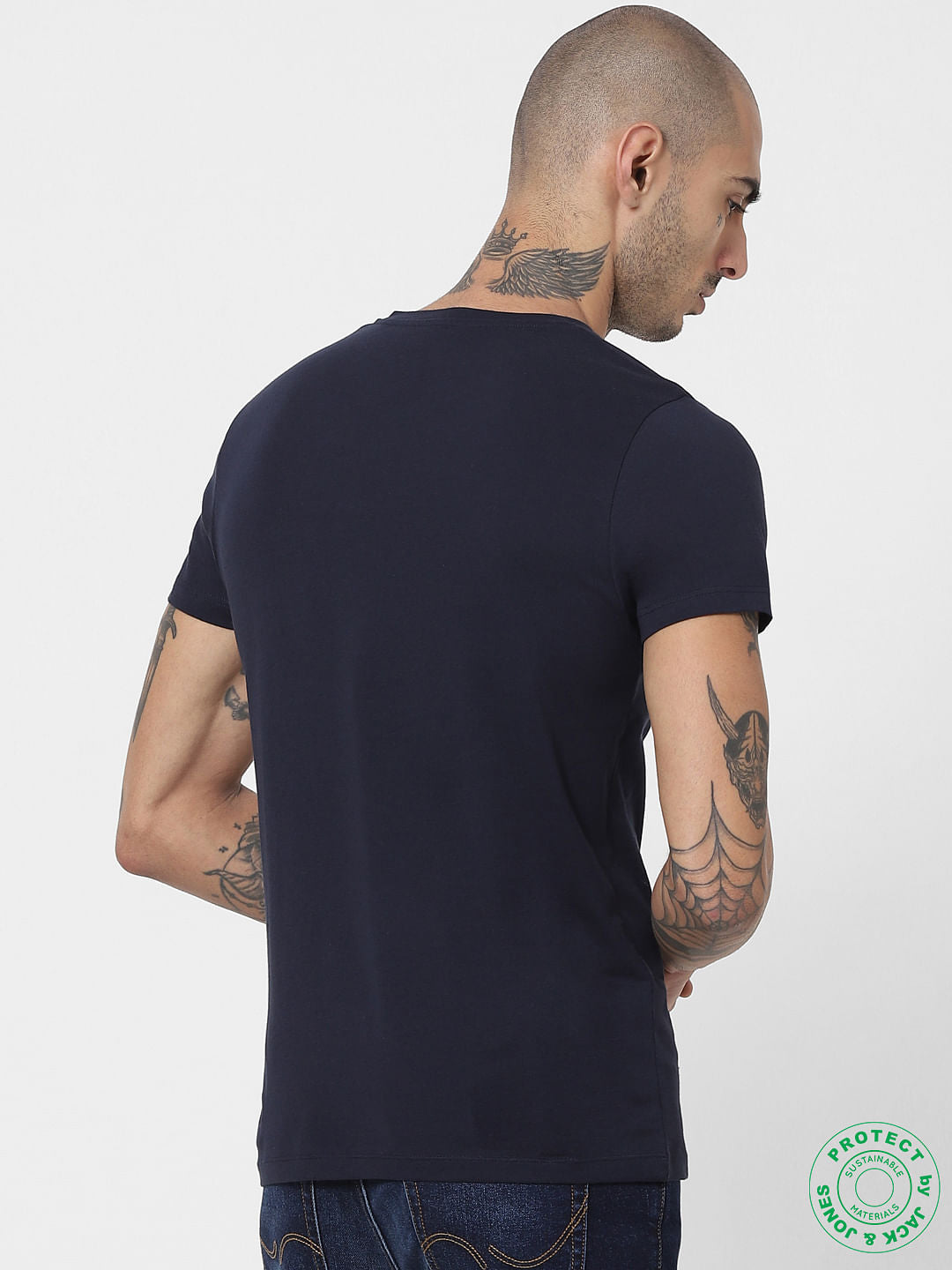 Navy Blue Logo Print Crew Neck T-shirt