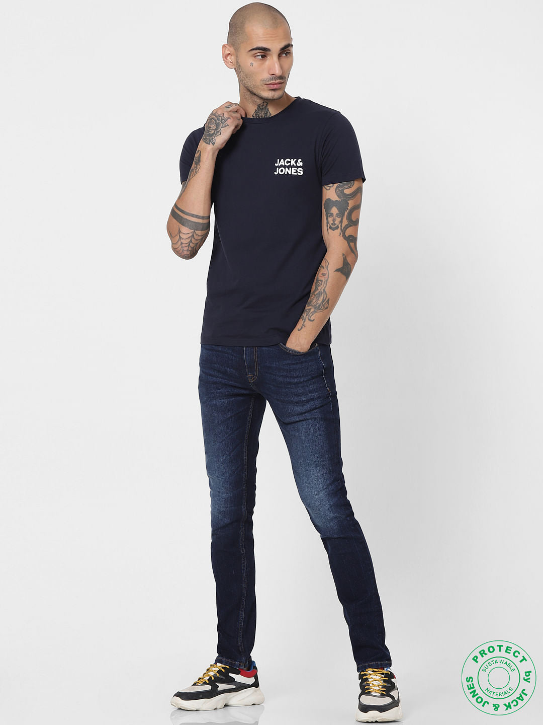 Navy Blue Logo Print Crew Neck T-shirt