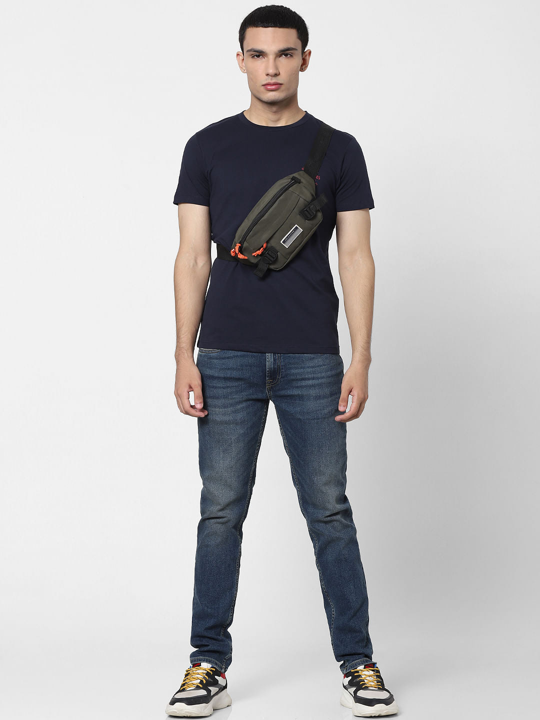Navy Blue Logo Print Crew Neck T-shirt - S