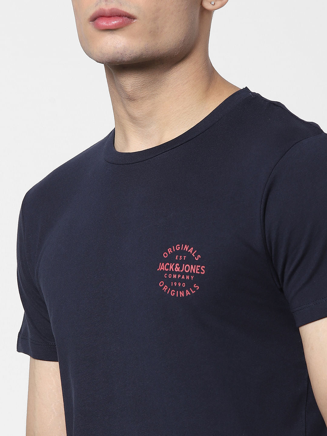 Navy Blue Logo Print Crew Neck T-shirt