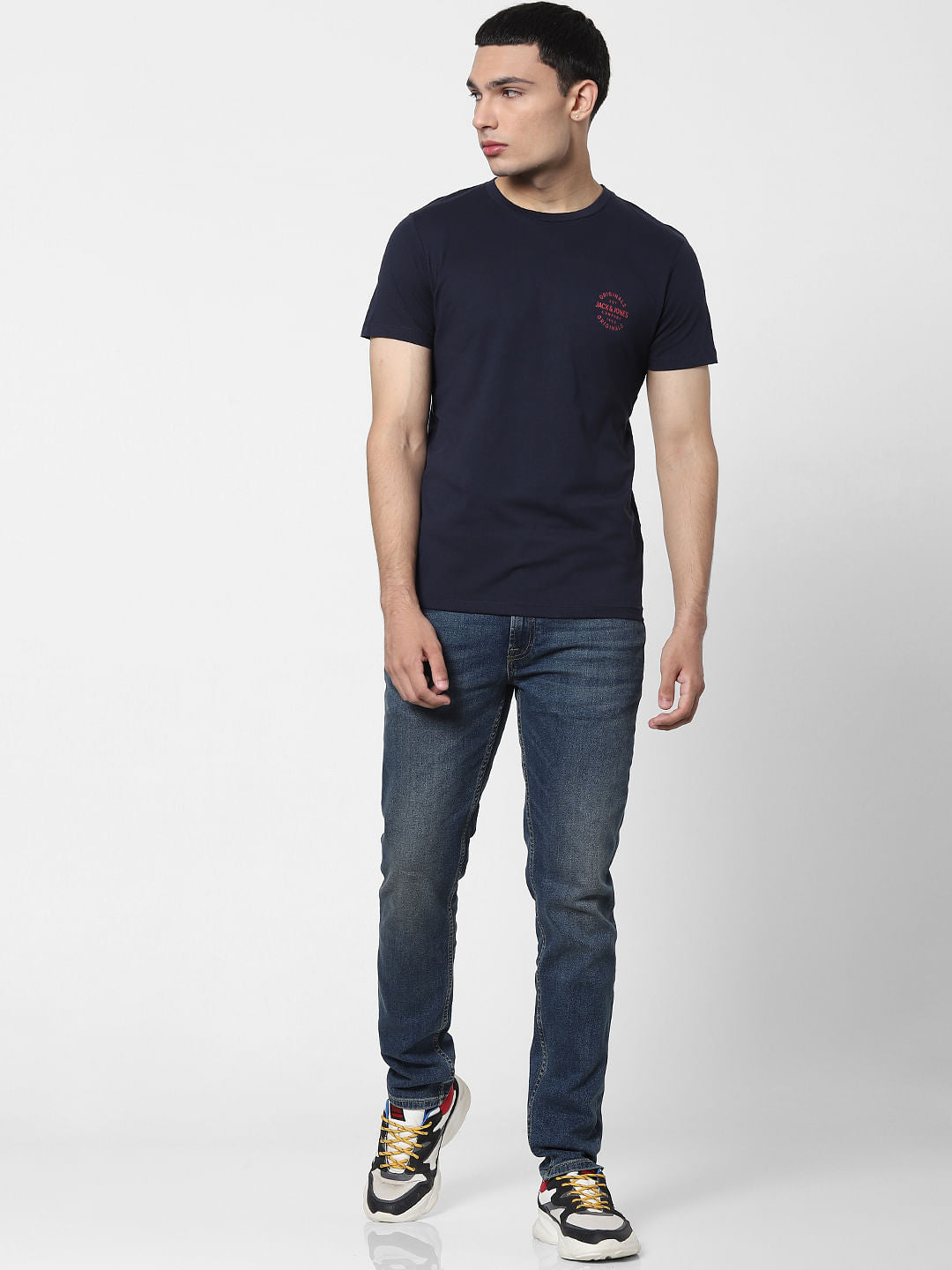 Navy Blue Logo Print Crew Neck T-shirt