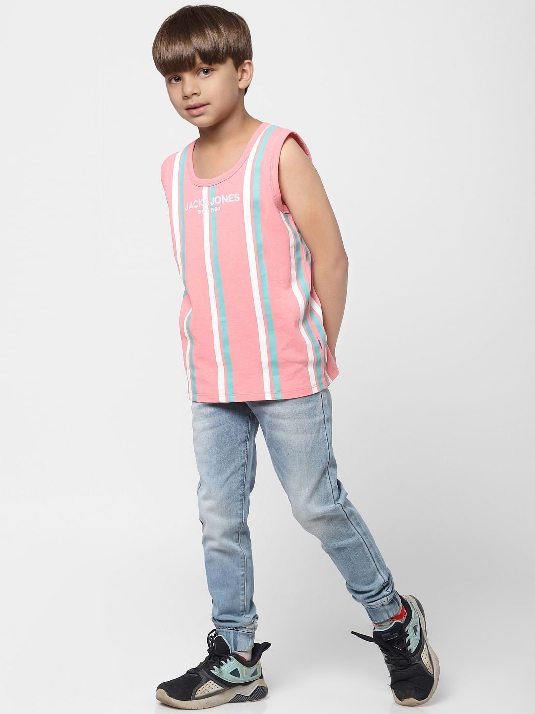Boys Pink Striped Sleeveless T-shirt