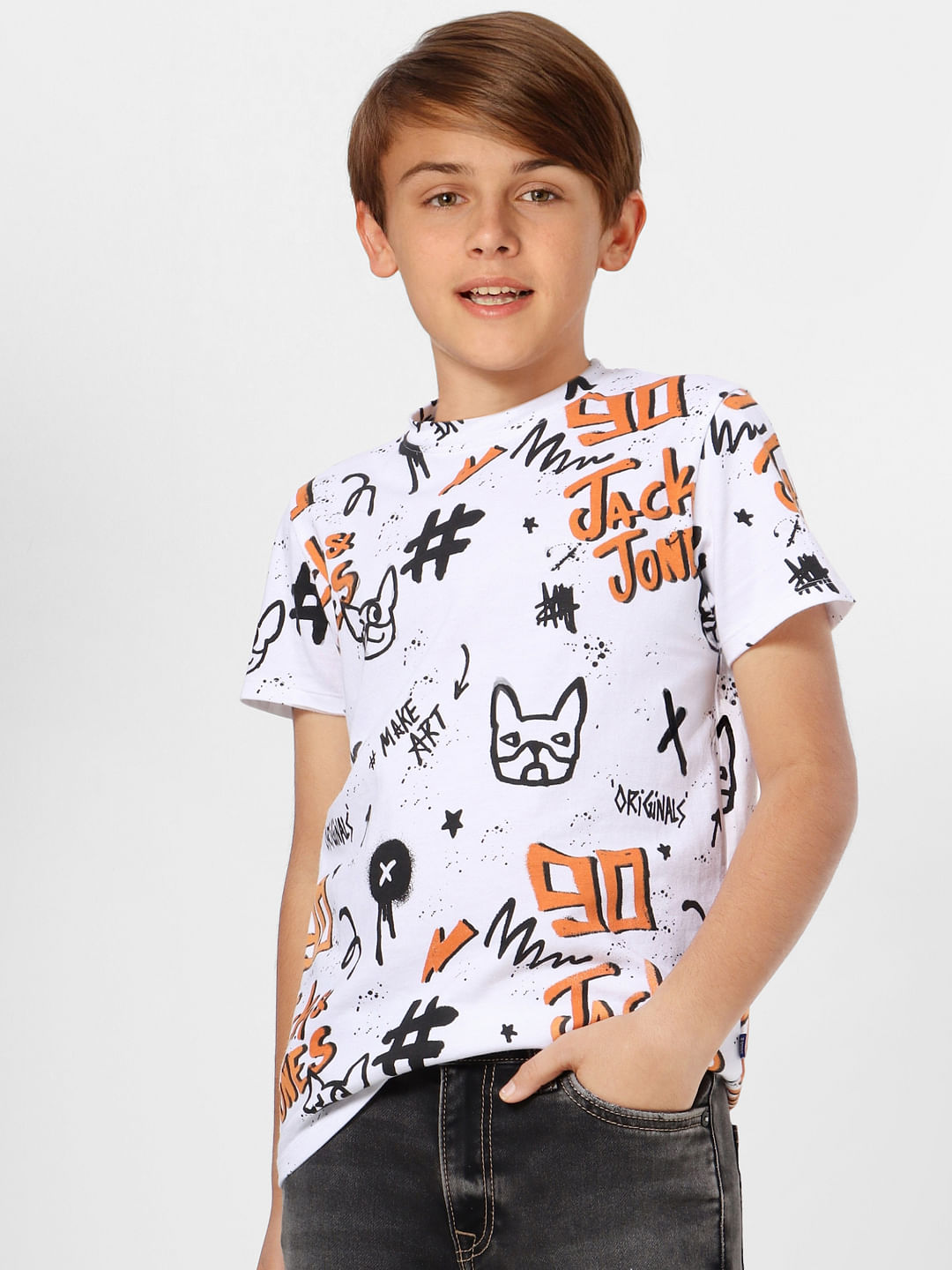 Boys White Graphic Print Crew Neck T-shirt