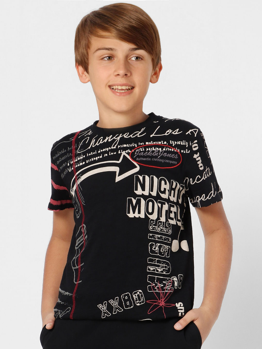 Boys Black Graphic Print Crew Neck T-shirt
