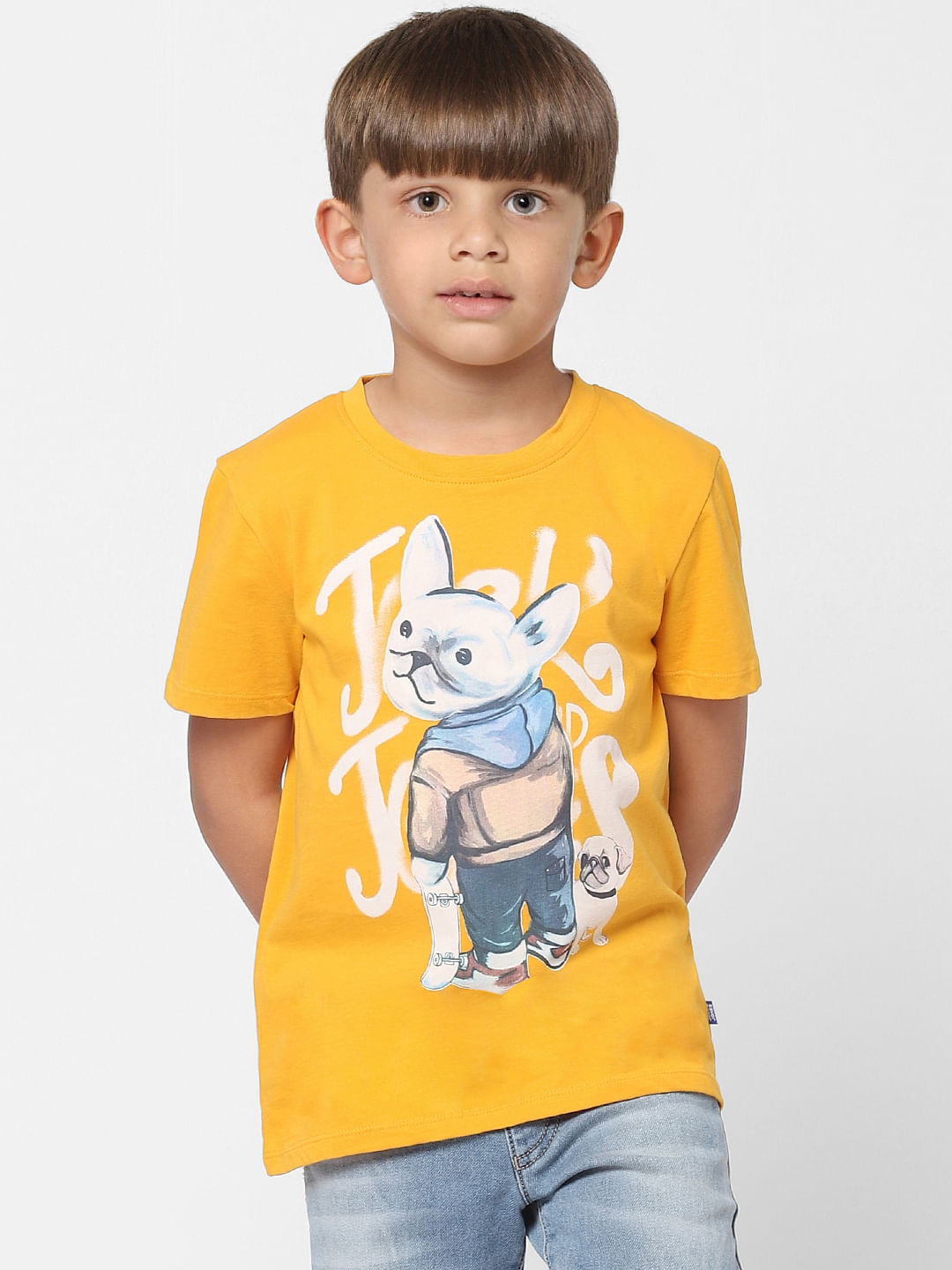 Boys Yellow Graphic Print Crew Neck T-shirt - 4/5Y