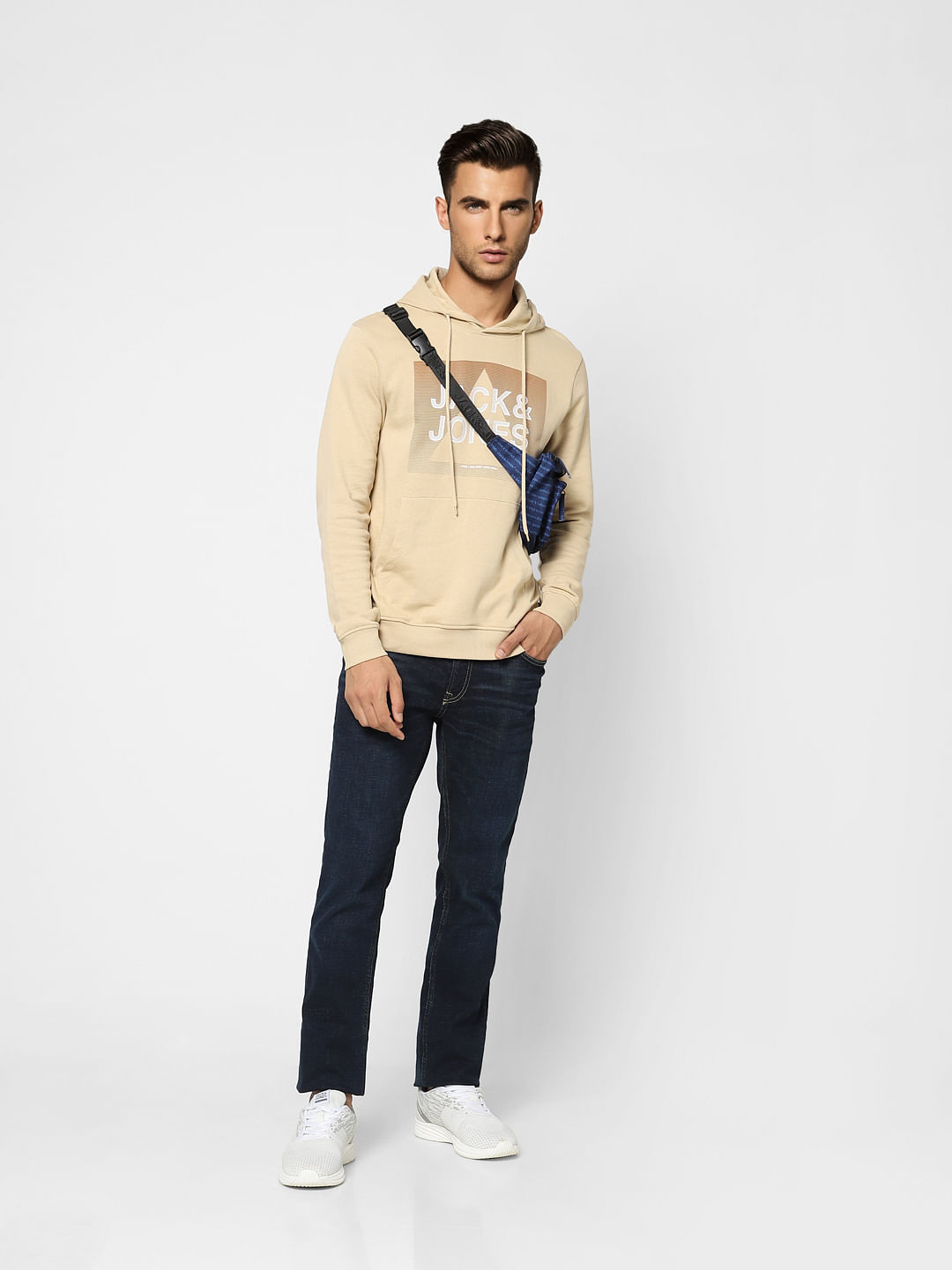 Beige Logo Print Hooded Sweatshirt - S