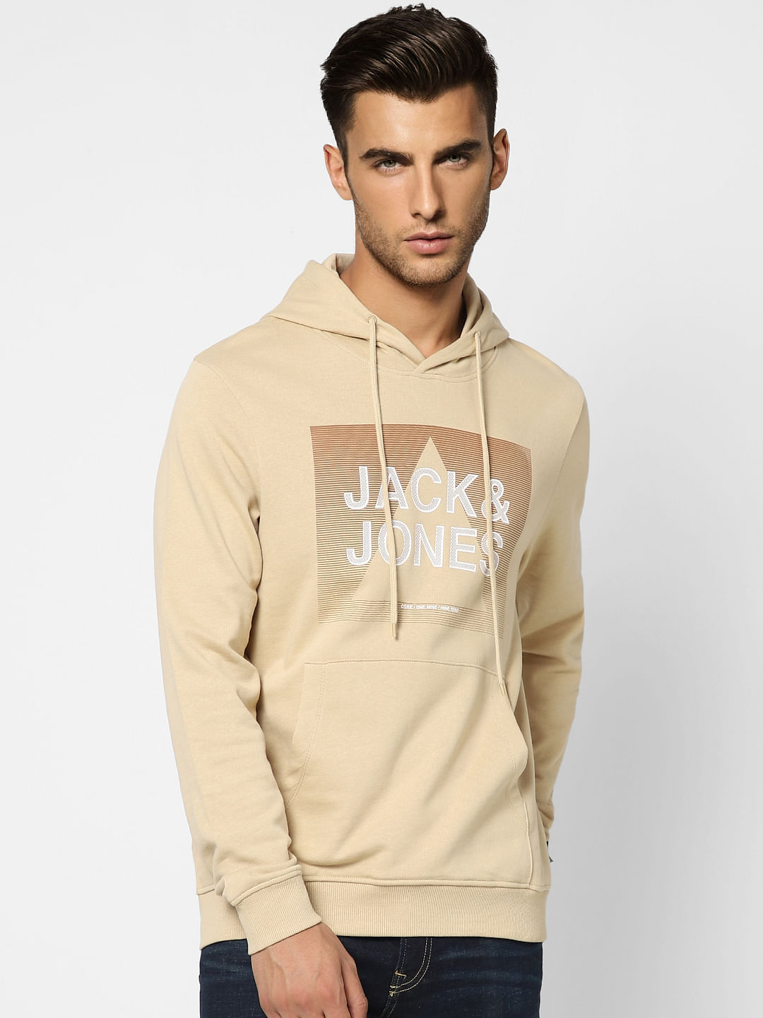 Beige Logo Print Hooded Sweatshirt