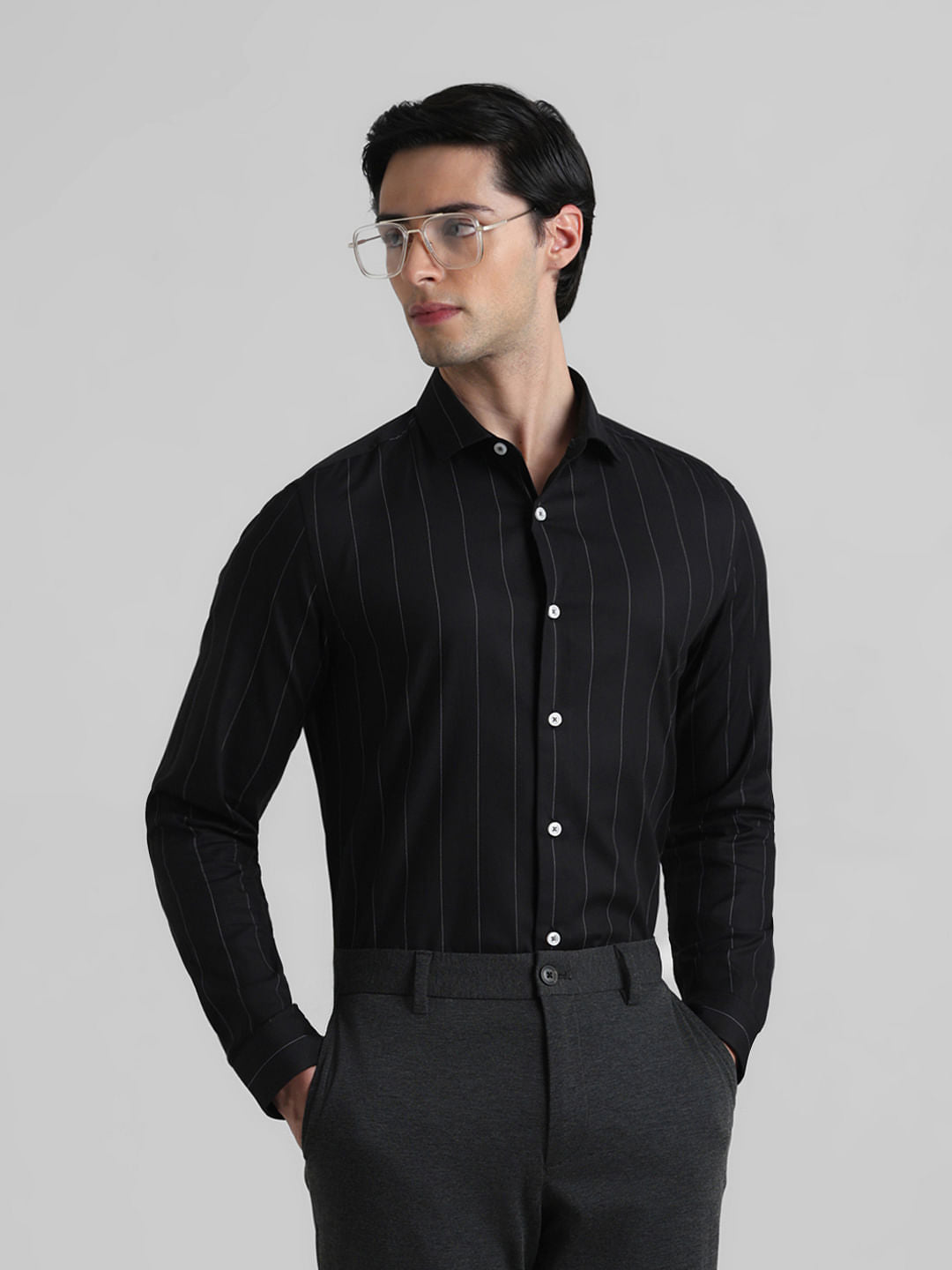 Black Striped Full Sleeves Shirt - S