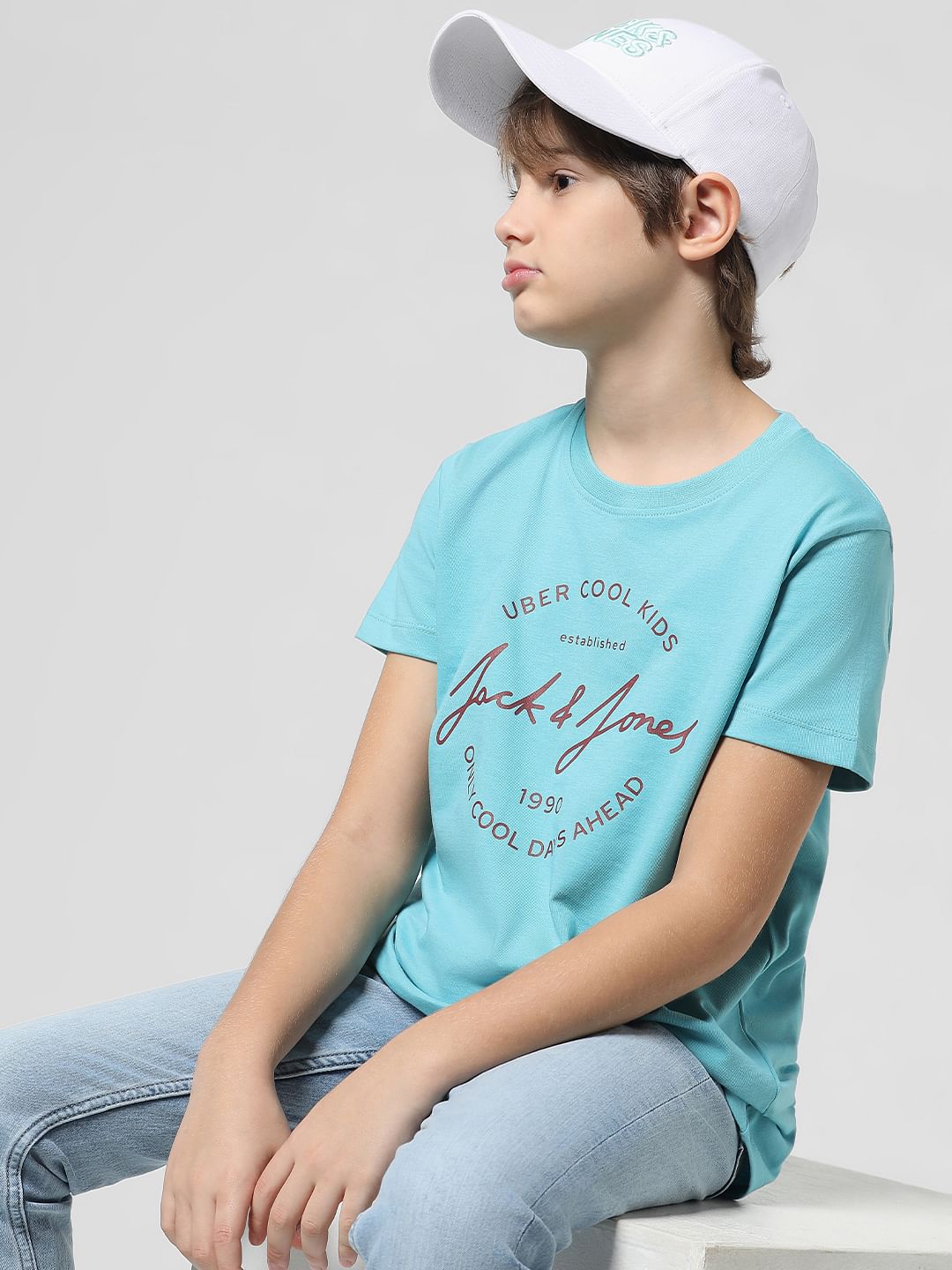 Light Blue Round Logo Print T-shirt - 4/5Y