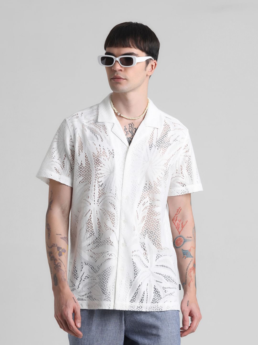 White Crochet Short Sleeves Shirt