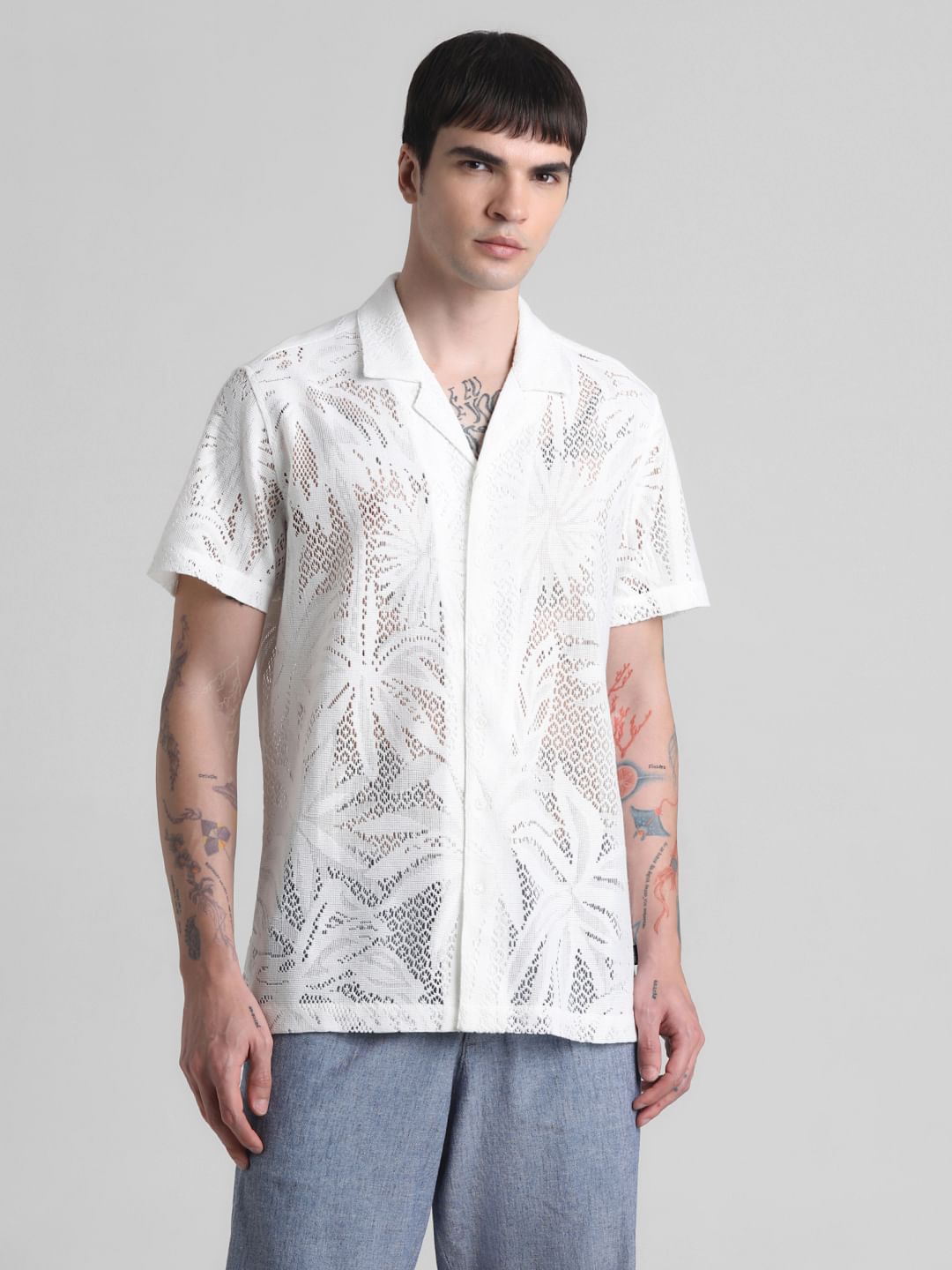 White Crochet Short Sleeves Shirt