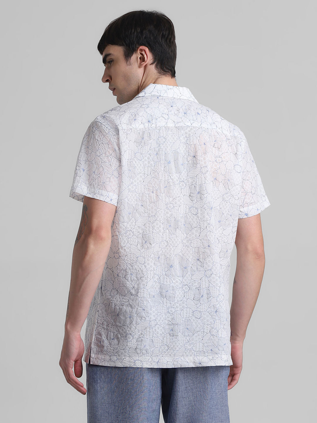 White Floral Cotton Short Sleeves Shirt