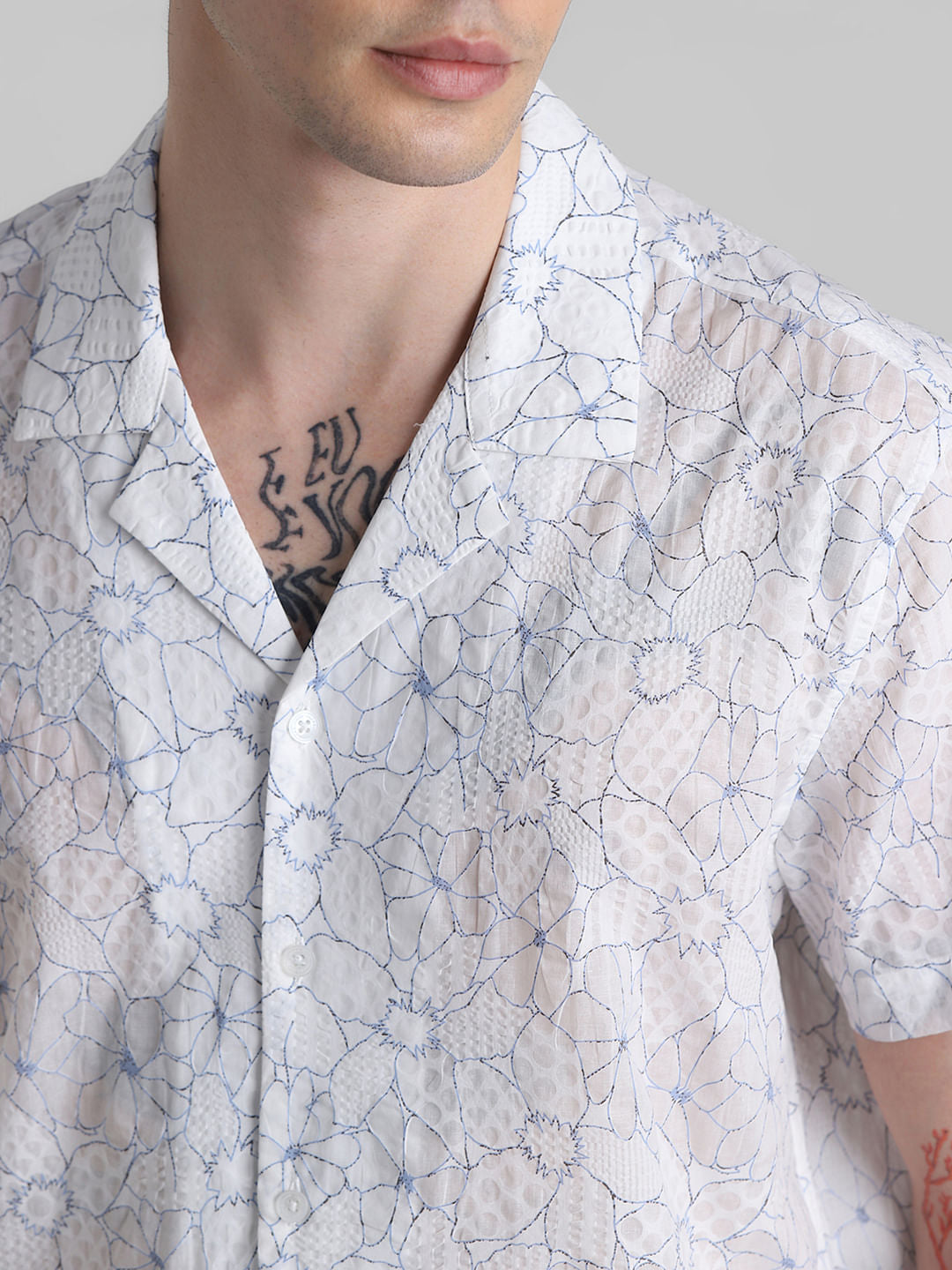 White Floral Cotton Short Sleeves Shirt