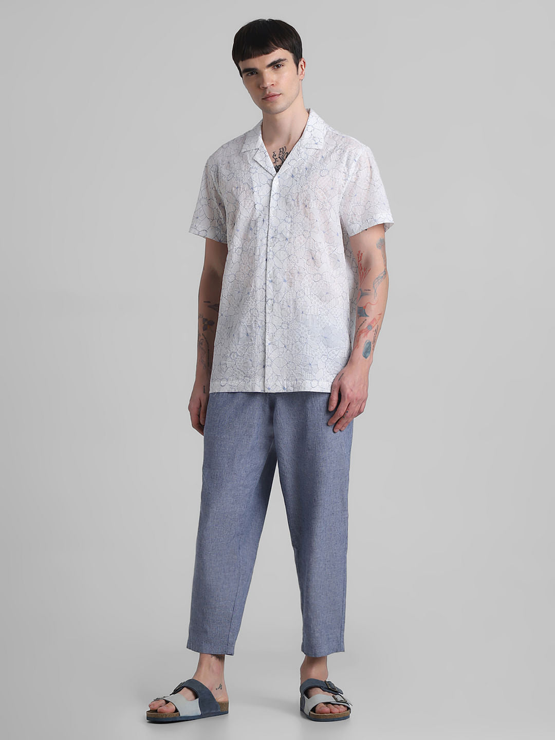 White Floral Cotton Short Sleeves Shirt