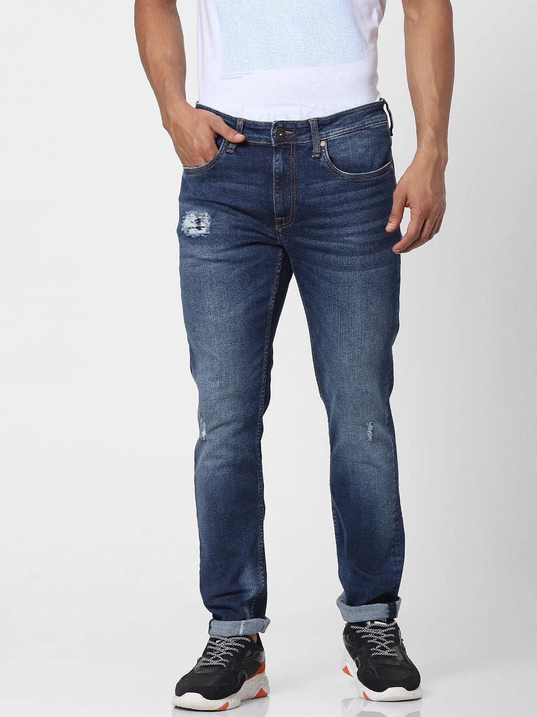 Blue Low Rise Glenn Distressed Slim Fit Jeans