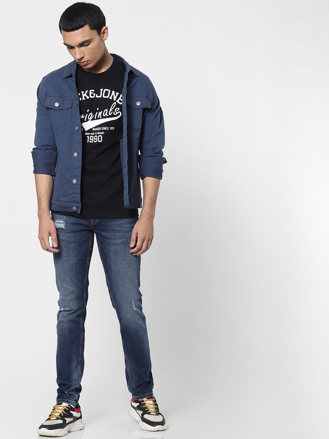 Blue Low Rise Glenn Distressed Slim Fit Jeans