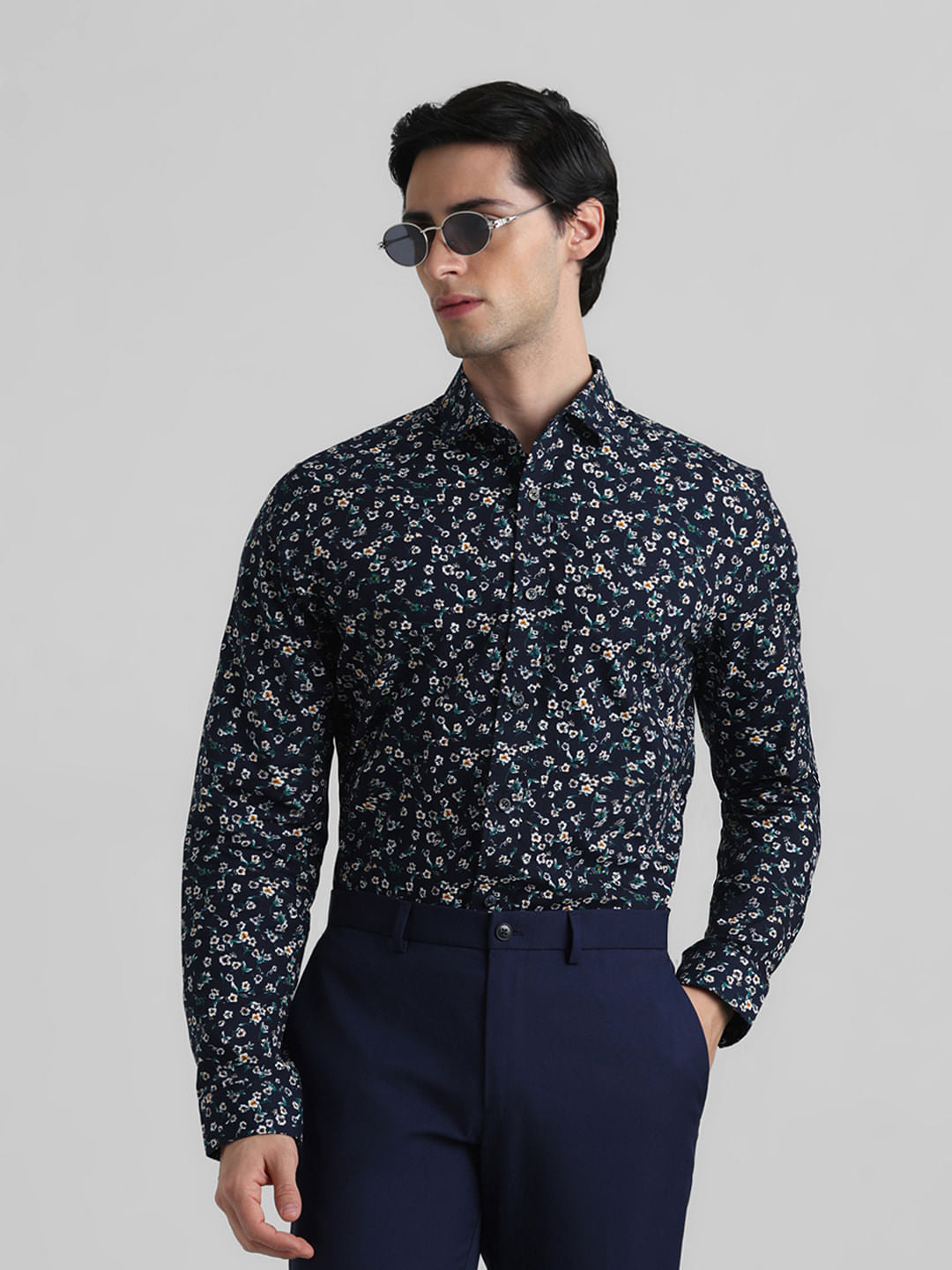 Dark Blue Floral Full Sleeves Shirt - S