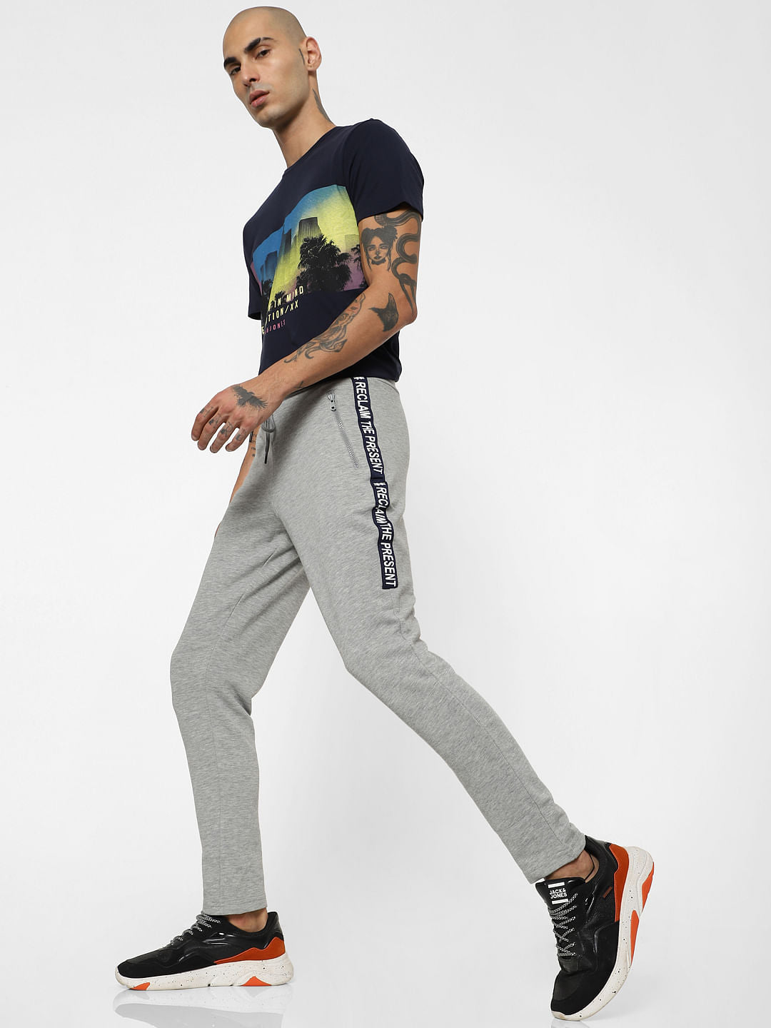 Grey Mid Rise Tape Detail Sweatpants - S