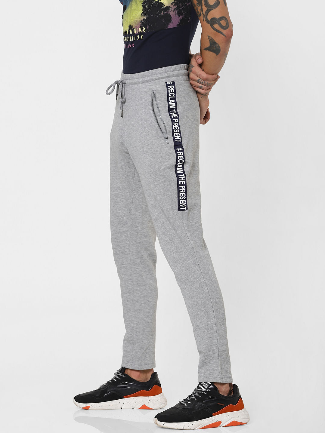 Grey Mid Rise Tape Detail Sweatpants