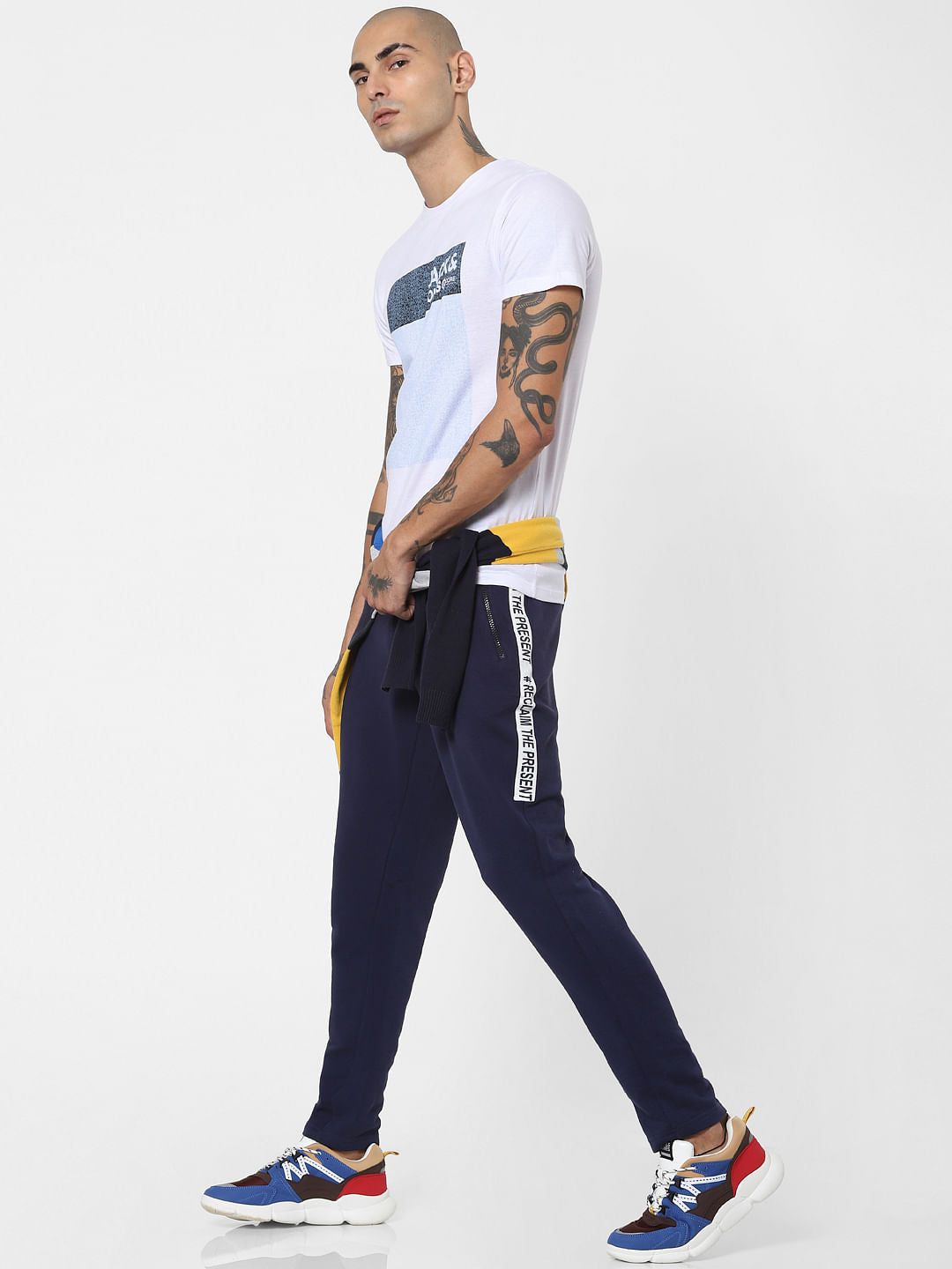 Blue Mid Rise Tape Detail Sweatpants - S
