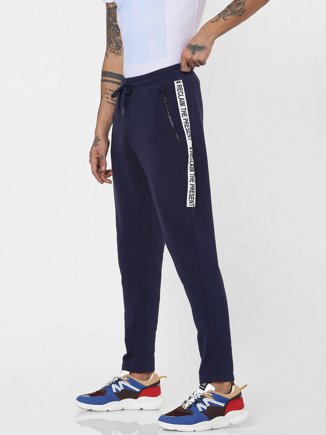 Blue Mid Rise Tape Detail Sweatpants