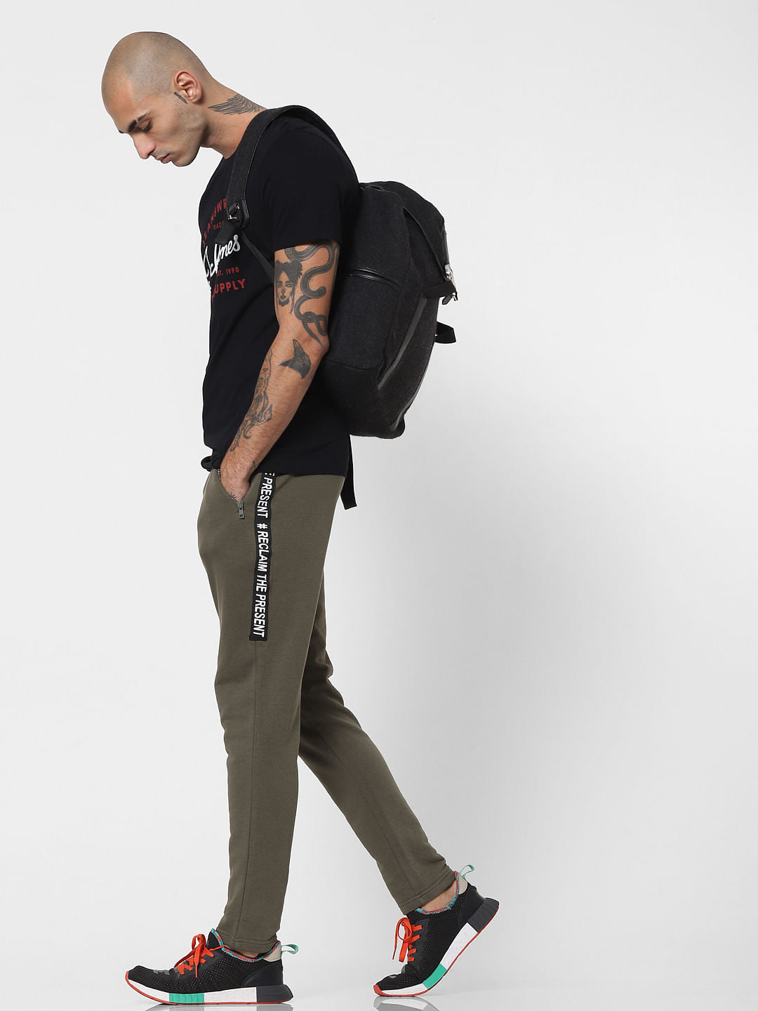 Olive Green Mid Rise Tape Detail Sweatpants - S