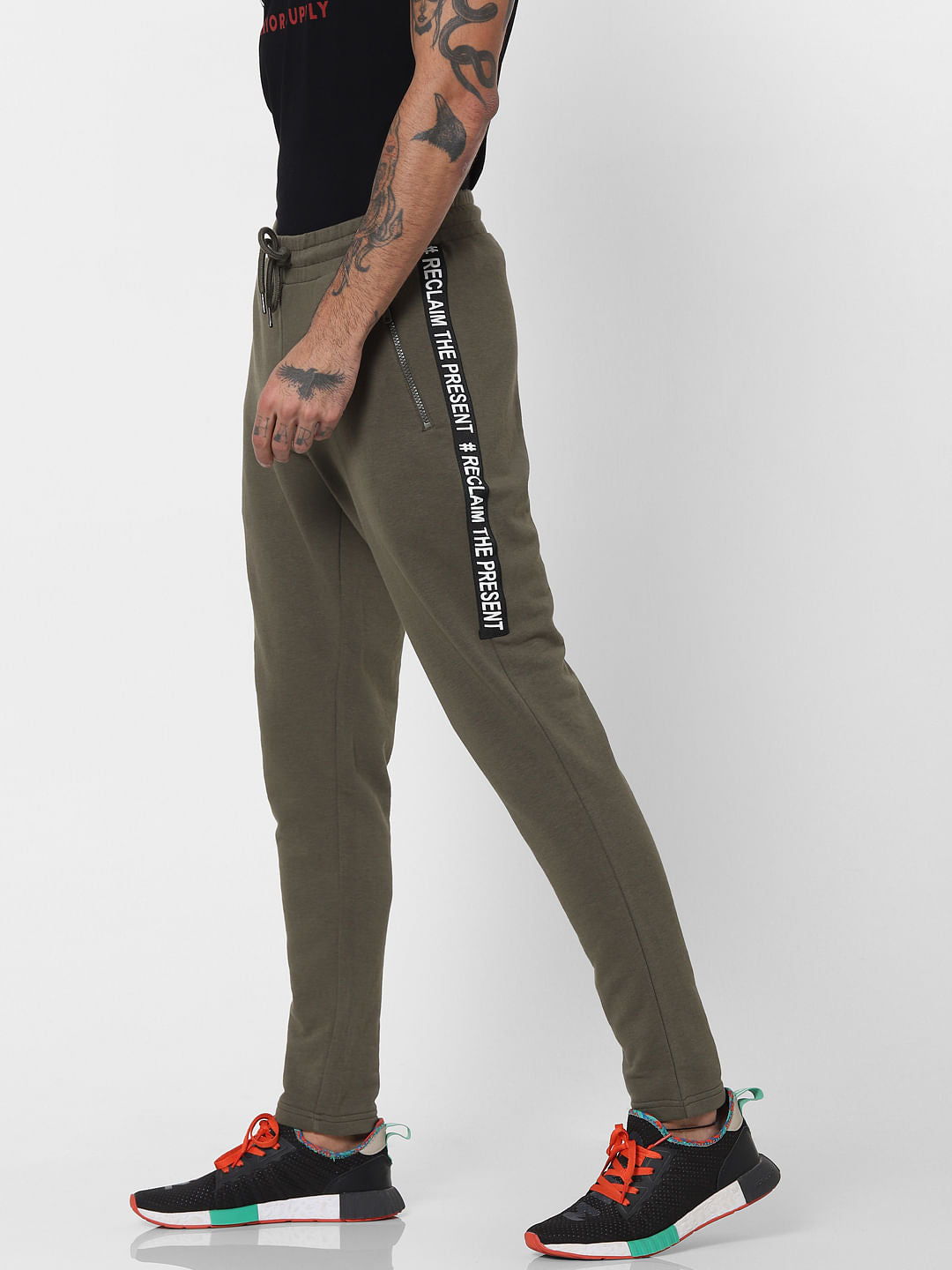 Olive Green Mid Rise Tape Detail Sweatpants
