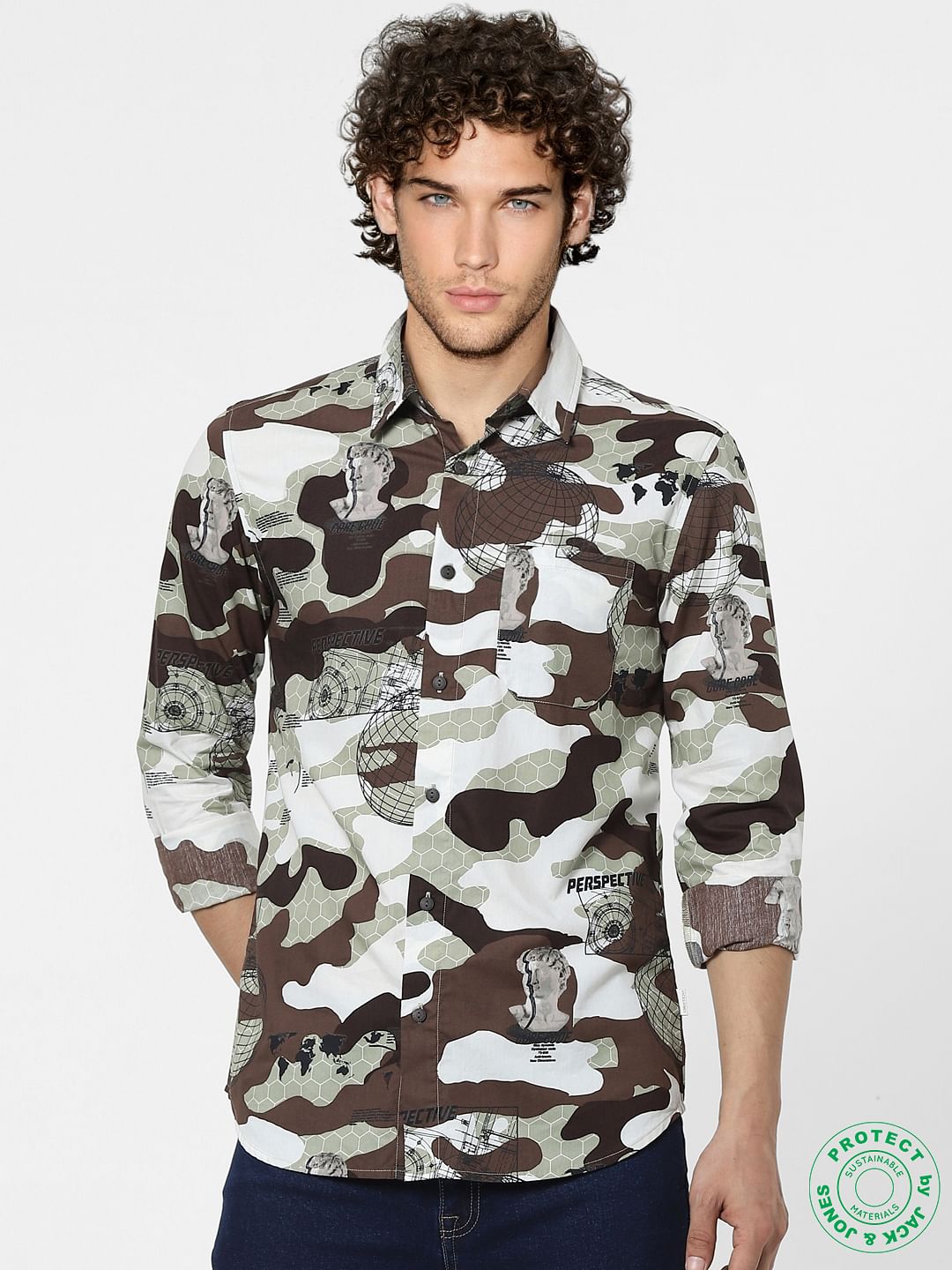 White & Brown Abstract Print Full Sleeves Shirt