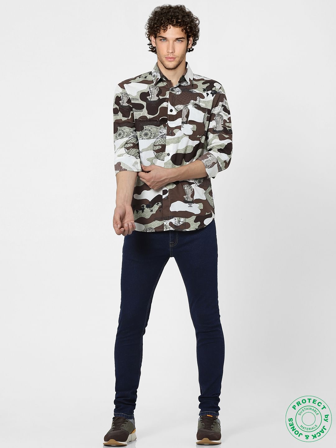 White & Brown Abstract Print Full Sleeves Shirt