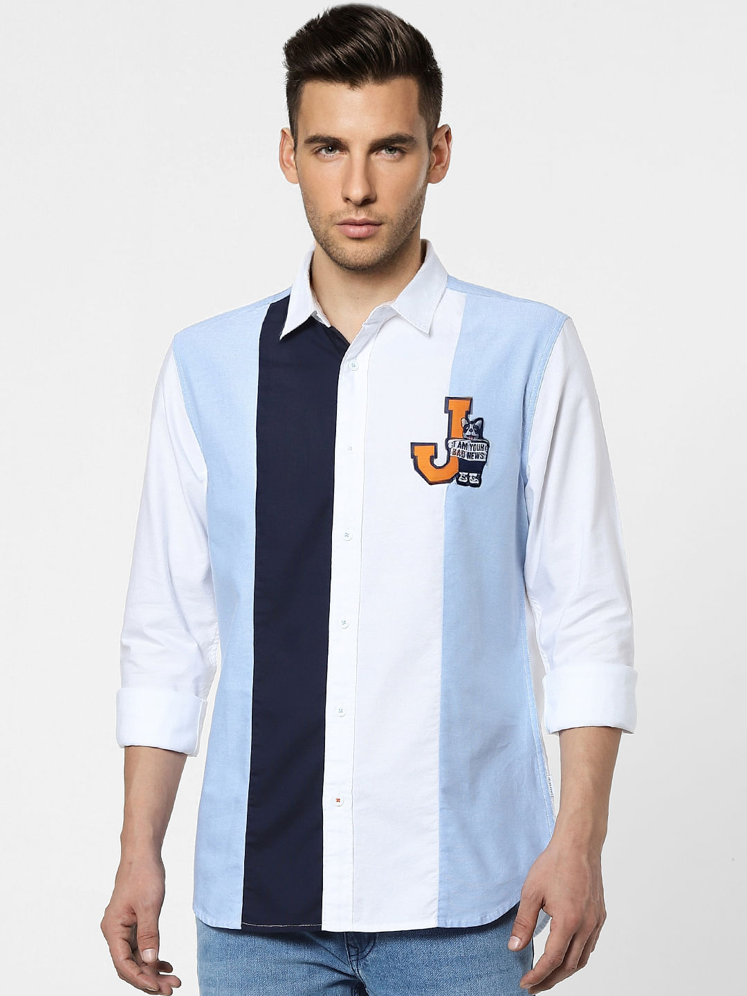White Colourblocked Full Sleeves Shirt
