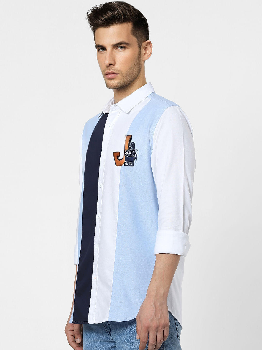 White Colourblocked Full Sleeves Shirt