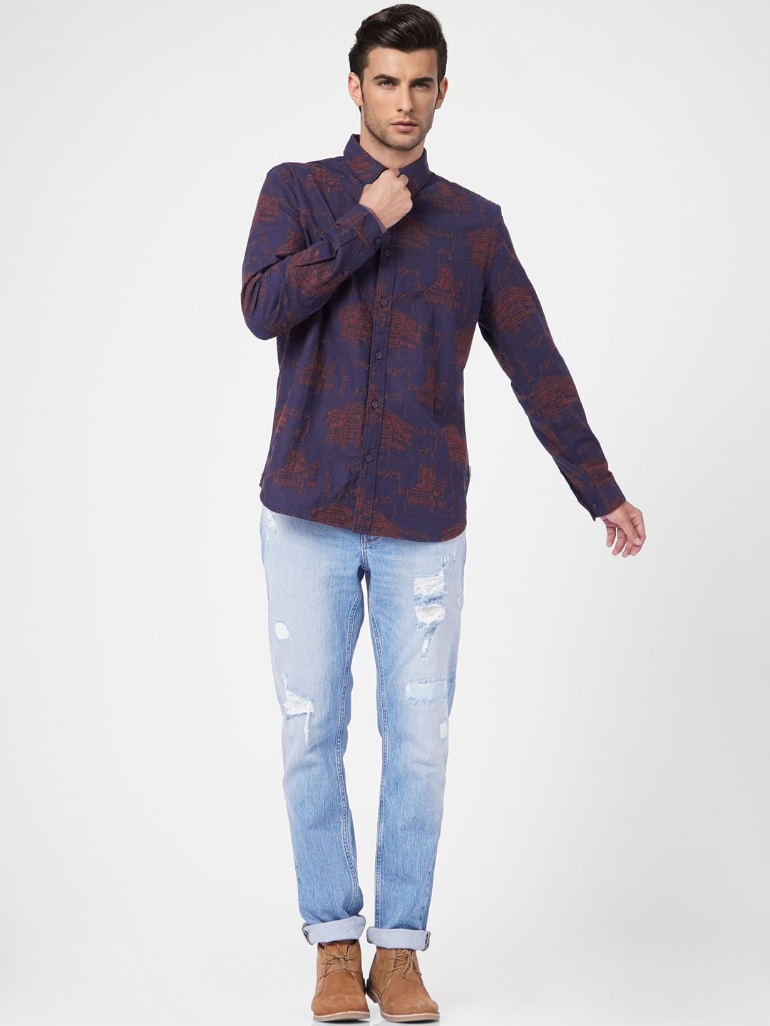 Navy Blue Embroidered Full Sleeves Shirt - S