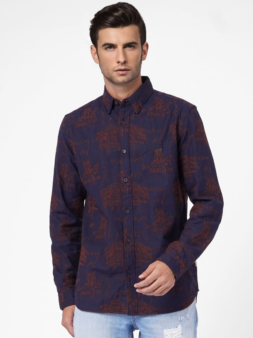 Navy Blue Embroidered Full Sleeves Shirt