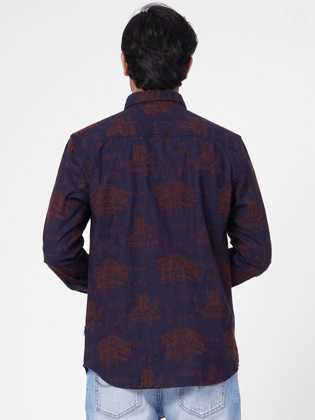 Navy Blue Embroidered Full Sleeves Shirt