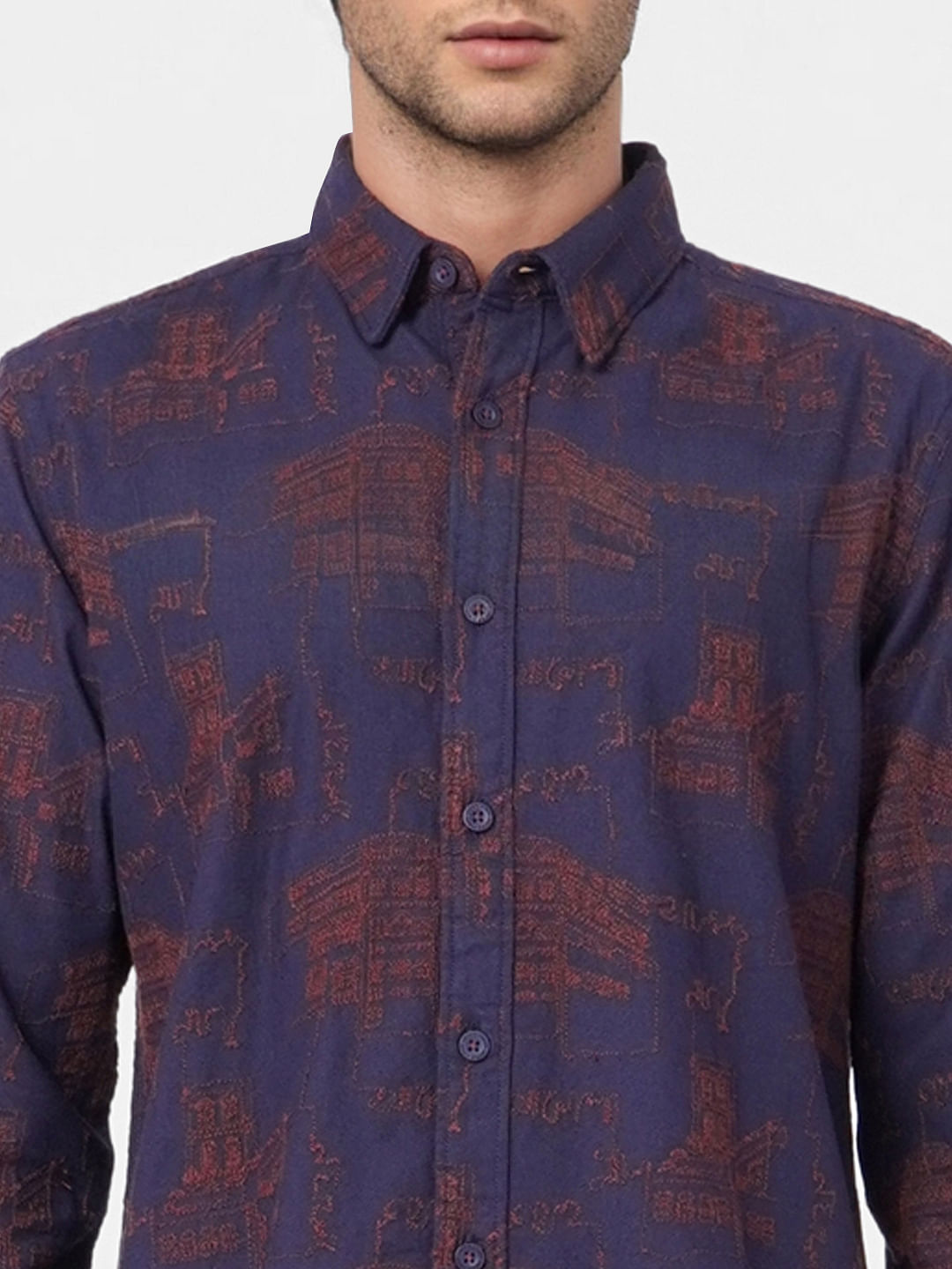 Navy Blue Embroidered Full Sleeves Shirt