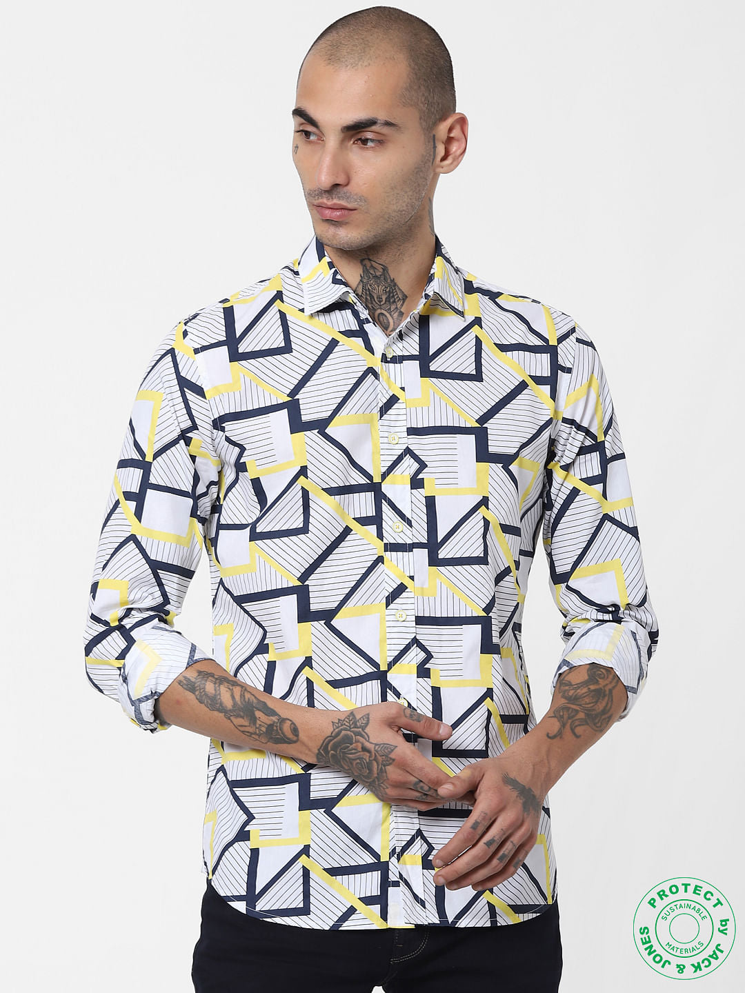 White Abstract Print Full Sleeves Shirt