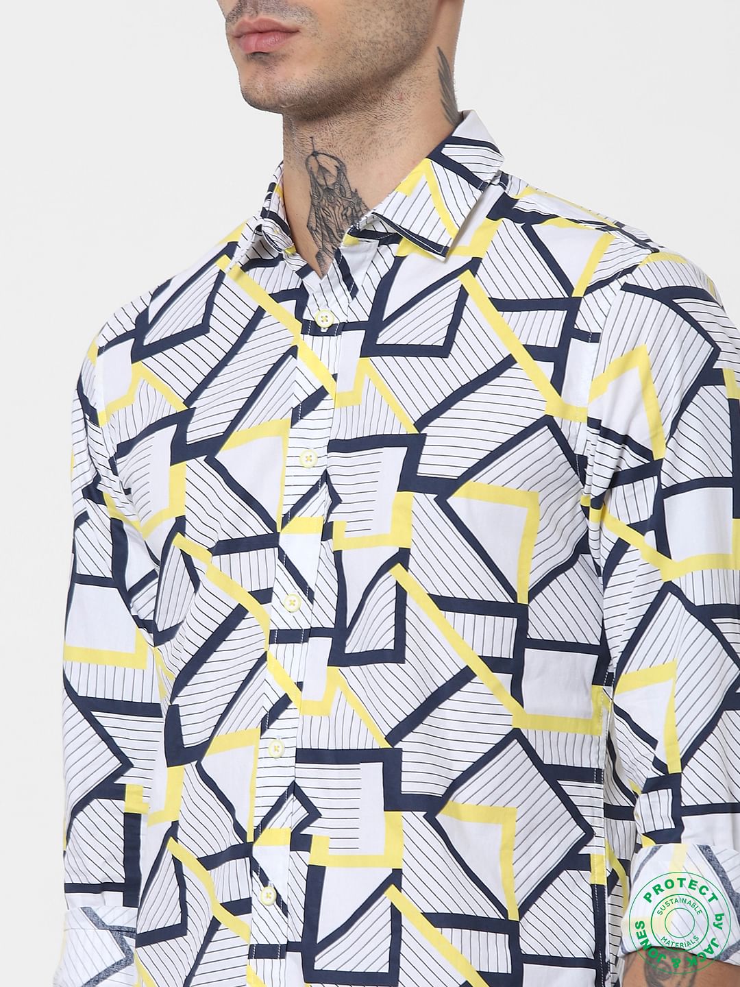 White Abstract Print Full Sleeves Shirt